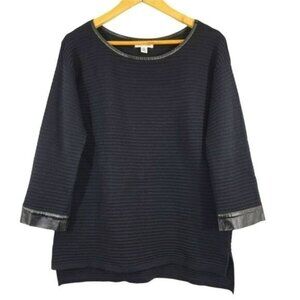 Calvin‎ Klein Shirt Wool Blend Ribbed Top Black Faux Leather Trim Womens Small